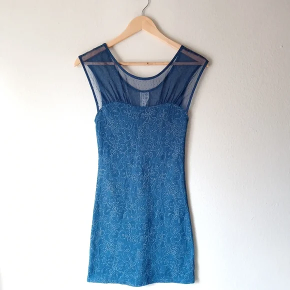 Free People Starlight Bodycon Mesh Mini Teal Gold Dress Size XS - Picture 4 of 10